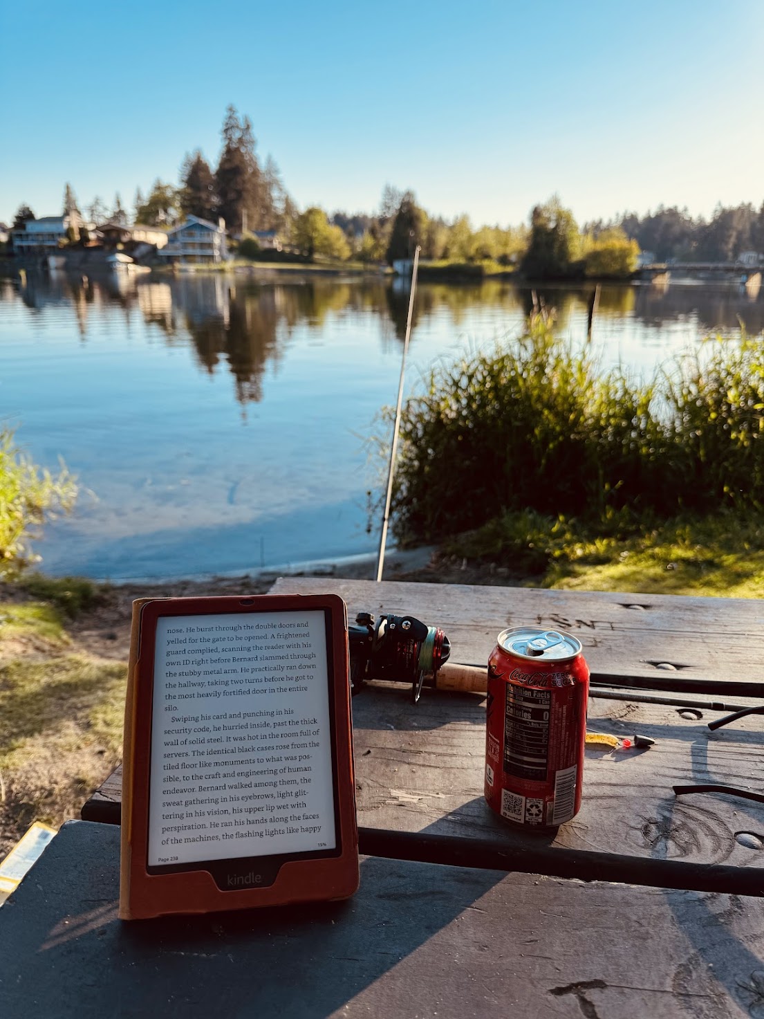 Fishing setup with Kindle and soda